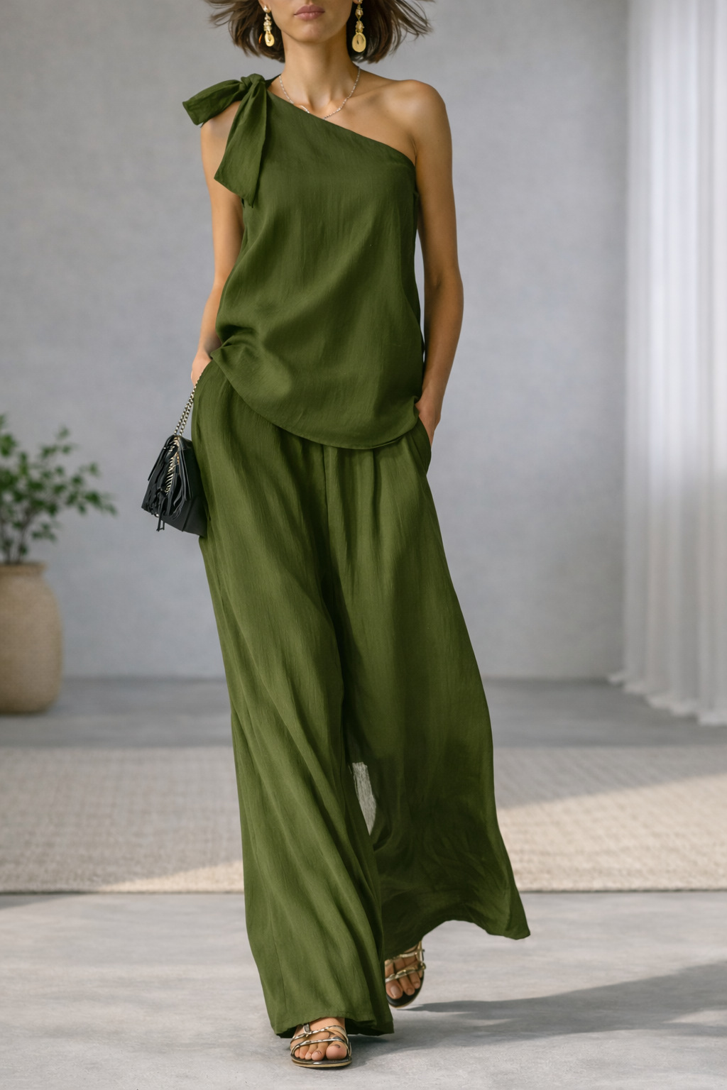 Gray Cotton And Linen Sleeveless One Shoulder Top With Tie Detail And Wide Leg Pants Set